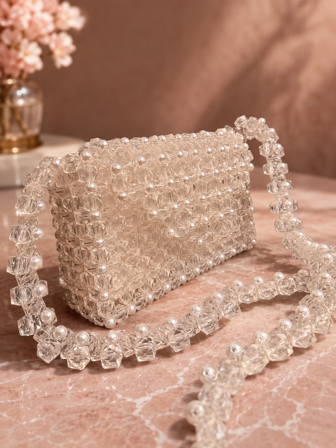 Cartera Perla de cristal facetado y perlas con tira combinada